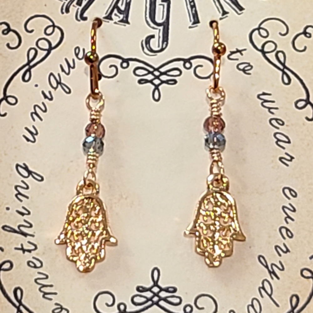 IMAGINE BLUE HILL ROSE GOLD CRYSTAL BEADS HAMSA HAND EARRINGS ARTIST DESIGN USA